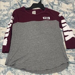 PINK Victoria's Secret Burgundy and Gray Raglan Top